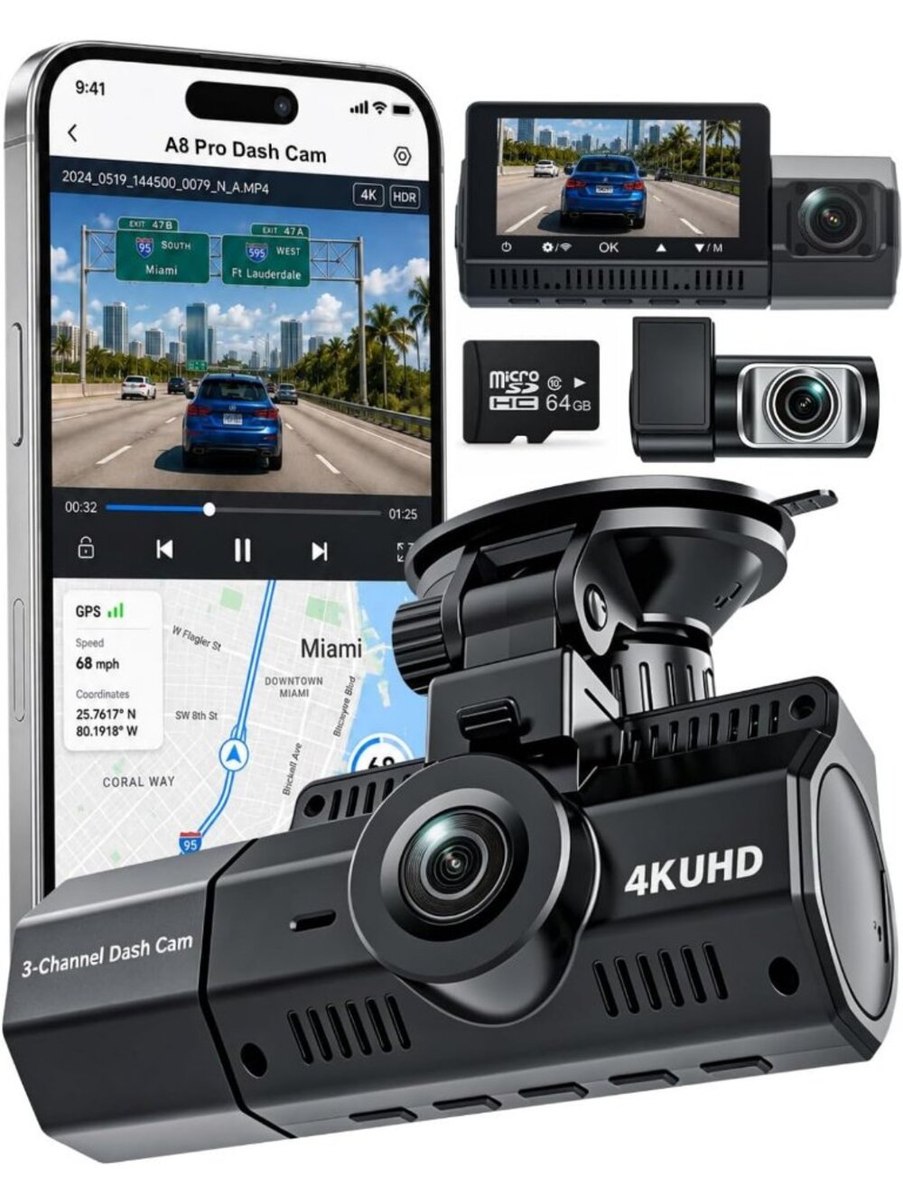 3-Channel 4K Dash Cam with WiFi & GPS for Rideshare, Taxi & Road Trips